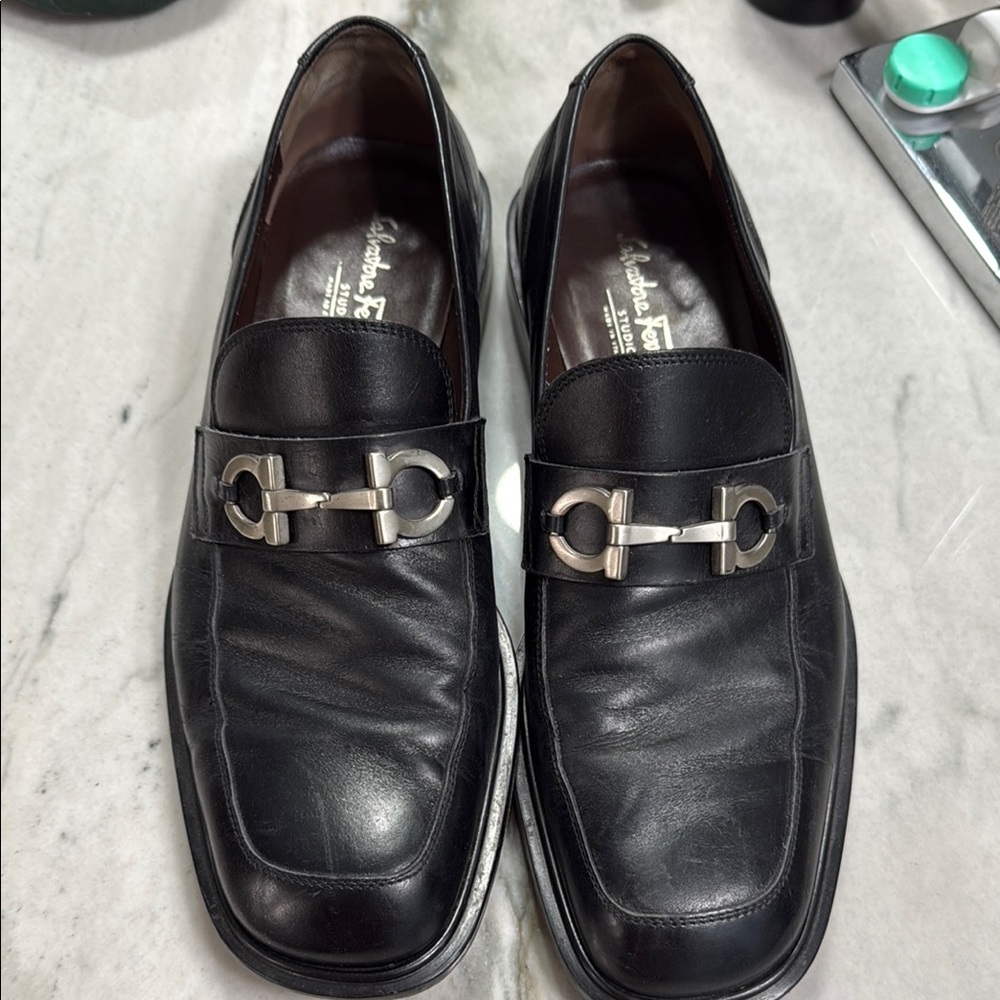 Salvatore Ferragamo Black Leather Loafers with Silver Buckle